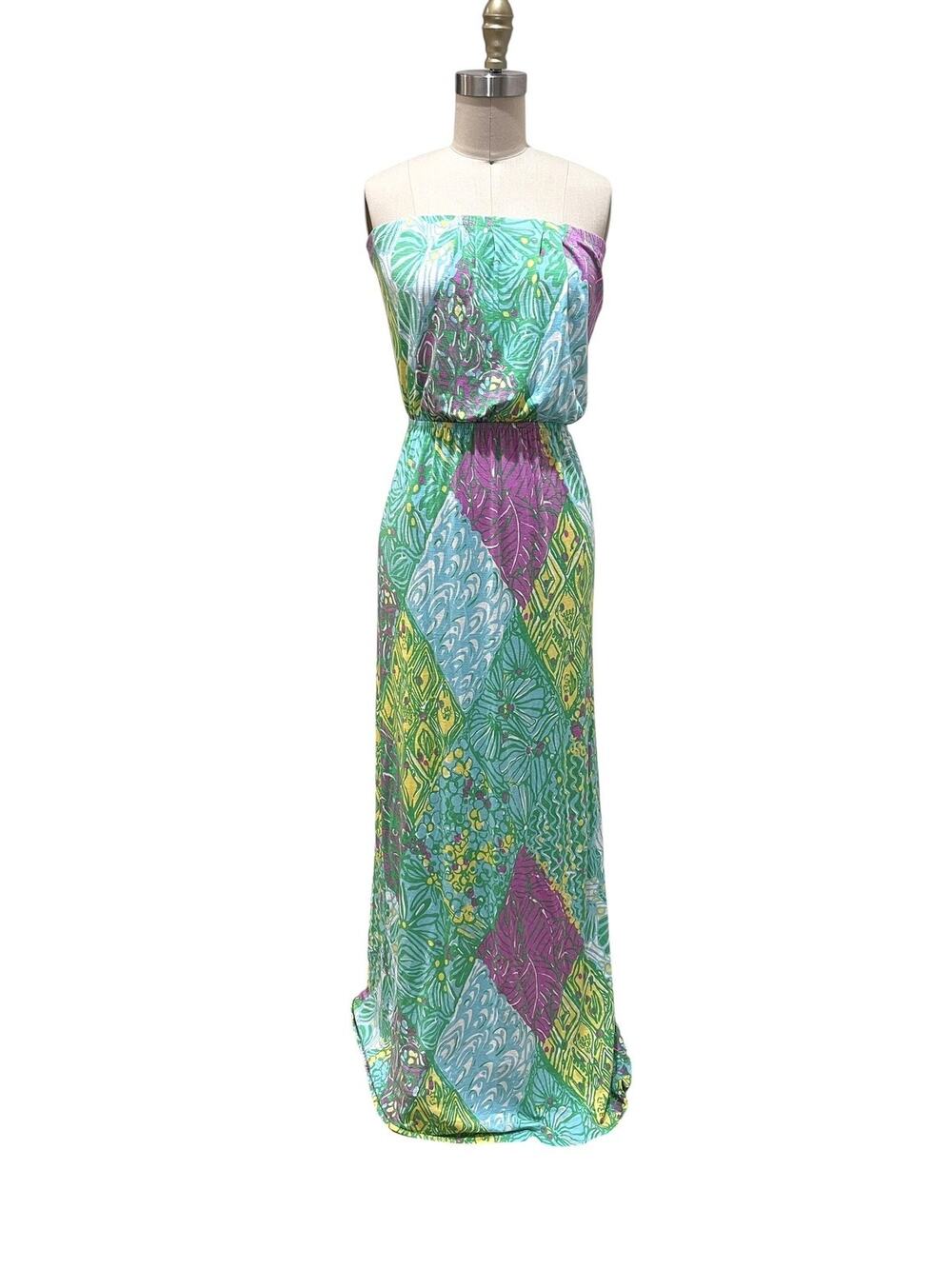 Lilly Pulitzer Dress Womens XS Green Tropical Print Strapless Maxi Sundress
